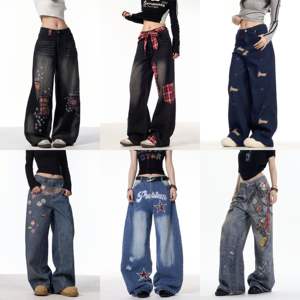 Nuovi <span class=keywords><strong>Jeans</strong></span> Baggy da <span class=keywords><strong>Donna</strong></span> <span class=keywords><strong>con</strong></span> Bottoni Elastici, <span class=keywords><strong>Vita</strong></span> Media, Gamba Larga, Stampa, Traspiranti, Casual da Strada, <span class=keywords><strong>Pantaloni</strong></span> da Lavoro - Product Image 5