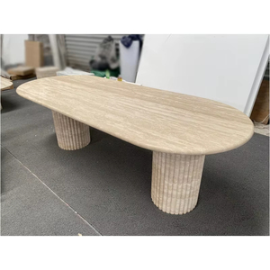 Meubles de salle à manger en pierre naturelle de luxe modernes personnalisés, table ovale avec base cannelée, plateau en travertin <span class=keywords><strong>beige</strong></span>, hôtel - Product Image 2