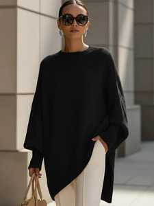 Suéter de punto holgado con mangas murciélago para <span class=keywords><strong>mujer</strong></span>, jersey informal de corte asimétrico, poncho de invierno, top liso. - Product Image 2