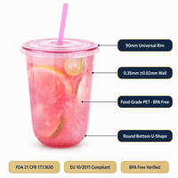 Gobelet en plastique PET rose personnalisé avec logo, 12 oz, 16 oz, bord de 90 mm, fond en U, anti-déversement, jetable, sans BPA, pour boissons froides, thé à bulles, café