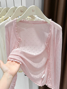 Cárdigan de punto calado para mujer, manga larga, con botones frontales, ribete con volantes, ligero, transparente, top de verano para capas - Product Image 2