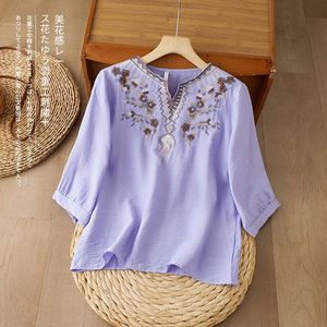Pink Cotton Linen Embroidered V-Neck Loose Mid-Sleeve Blouse For Women Casual Everyday Wear - Product Image 2