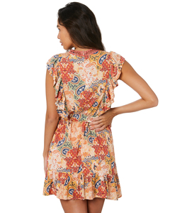Nieuwe Aankomst Zomer O-Hals Paisley Print Ruches Mouwen Kant Inset Hoge Taille Rayon Mini Jurk Voor Vrouwen