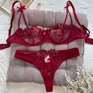 Set Lingerie Wanita XL Motif Bunga Renda Romantis Pola 3D Lucu Gaya Transparan Seksi Bralette Push-up Celana Dalam Pasokan ODM - Product Image 1