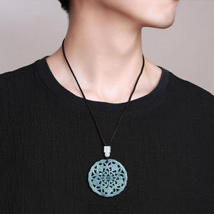 หยกธรรมชาติ ลายมงคล หยกน้ำสีฟ้า จี้ห้อยคอ UNISEX สไตล์จีน ของขวัญ พร้อมใบรับรอง HJ107 - Product Image 4
