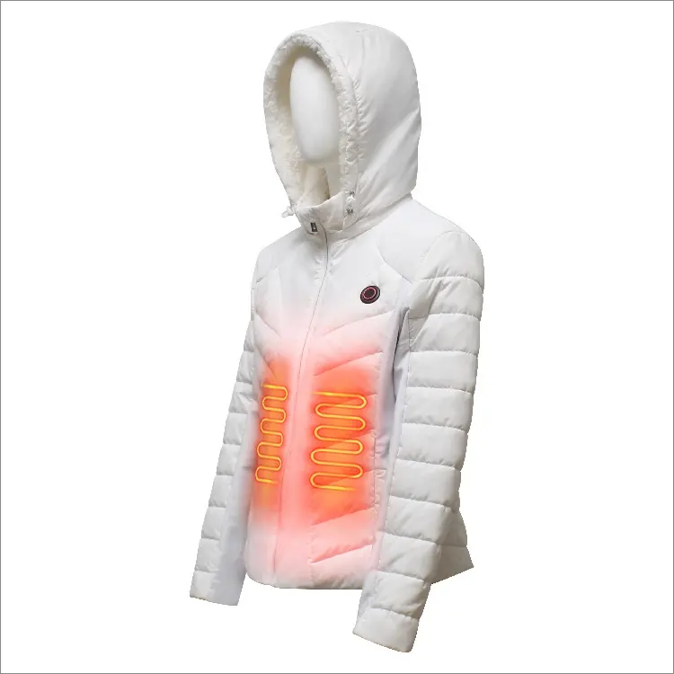 USB Heated White Satin Winter Heat Jacket Women Breathable Ski Riding Long Fur Decoration Button Plus Size XS Cotton Filled Wool