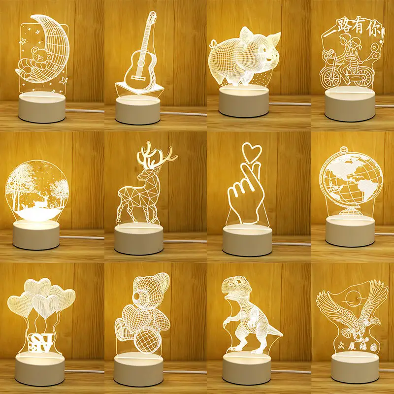 Hot 3D Stereo Custom Illusion Creative Cartoon Mini Warm Acrylic Led Table Desk Lamp Moon Dinosaur Decoration Night Lights