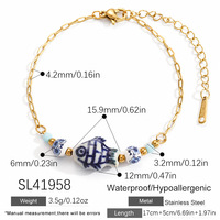 Bracelet élégant en acier inoxydable plaqué or SUMMLY18K avec perles en porcelaine bleue et blanche, bracelet imperméable et résistant à la décoloration