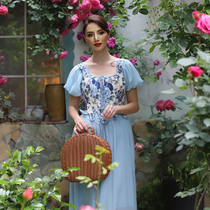 Elegante Vestido de Mujer <span class=keywords><strong>con</strong></span> Mangas Abullonadas, Estampado Floral Azul, Cuello Cuadrado, Cintura Natural, Tejido, Estilo Casual de Jardín - Product Image 3