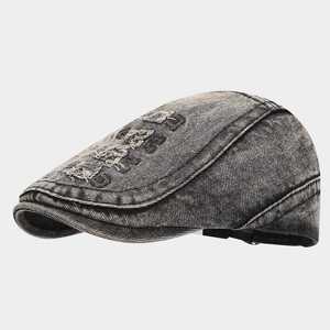 Béret en jean délavé style vieilli avec motif lettres, casquette plate en tissu jean tendance - Product Image 3