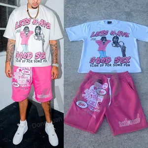 Conjunto de moletom masculino com calções e camisetas gráficas com apliques de verão e ombro caído personalizado