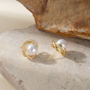 Boucles d'oreilles clous géométriques en perles avec incrustation de zircon, or 14 carats, bijoux de mode pour mariage - Product Image 3