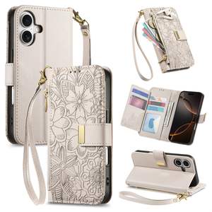 Elegante Funda Cartera de Cuero PU con Estampado Floral, Bolsillo con Cremallera, Ranuras para Tarjetas, Función de Soporte y Tapa Abatible para iPhone 17/16/15/14 Pro Max - Product Image 1