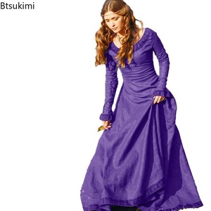 Robe de <span class=keywords><strong>reine</strong></span> médiévale Renaissance, couleur unie, robe à manches longues et col rond pour femmes, costume de jeu de rôle pour Halloween, carnaval, fête - Product Image 1