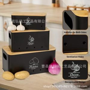 Cross-border bamboo lid black <b>storage</b> container for potatoes, breathable and fresh <b>kitchen</b> <b>storage</b> <b>boxes</b> for potatoes, onions, - Product Image 3