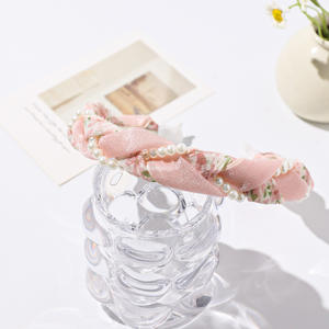 عصابة رأس مزينة بالزهور واللؤلؤ على شكل عجينة مقلية، إكسسوار شعر راقي للنساء - Product Image 3