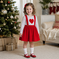 Robe décontractée mignonne à pois pour la Saint-Valentin 2027, haut à manches longues avec patch cœur rouge sur la poitrine, bretelles et jupe plissée évasée