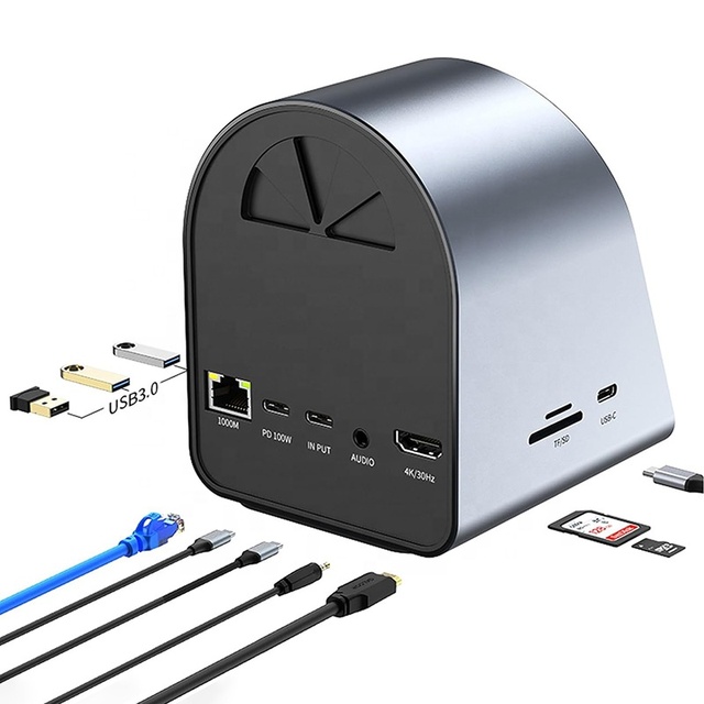 10 in 1 USB C Type C Type-C Multiport Docking Station Hub with USB 3.0 Gigabit Ethernet PD Wireless Charging Support 4K HD HDMI