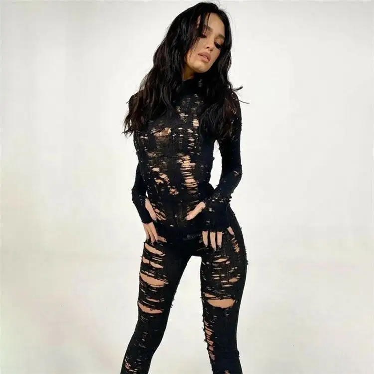 Autumn Ladies Jumpsuits Long Sleeve Casual Knitted Jumpsuit Turtleneck Hollow Out Skinny One Piece Jumpsuit