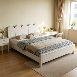 Minimalist White Queen Size Storage Bed <b>Frame</b> with Fabric Upholstery and Wooden Panel Design - Product Image 2