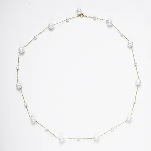 18K Gold Plated Stainless Steel Jewelry Handmade Imitation Faux Space Out Round Pearl Bead Chain Necklace for Women