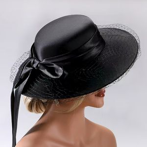 Nouveau chapeau de soleil tendance pour femmes Kentucky Derby à large bord chapeau de fête de mariage d'église en satin avec voile en maille et gros nœud papillon - Product Image 5