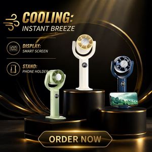Digital Display Fan With Rotatable Head, Ice Cooling Function, <b>Lanyard</b> & Base Stand - Product Image 1
