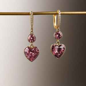 Pendientes Colgantes Minimalistas de Oro de 18 Quilates con Granate y Morganita en Forma de Corazón para Bodas y Fiestas - Product Image 2