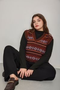 Gilet da <span class=keywords><strong>donna</strong></span> in maglia jacquard a righe etniche Fair Isle retrò, senza maniche, per il tempo libero, campeggio e vacanze - Product Image 6