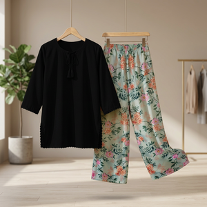 Ensemble coordonné basique 2 pièces MUZANG pour femme en crêpe de lin pur respirant, manches trois-quarts décontractées pour le printemps/été - Product Image 3