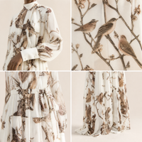 Robe longue personnalisée pour femme à manches longues, imprimé floral, col montant élégant, taille plissée, en mousseline, coupe trapèze, pour l'été
