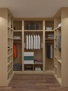 Système de dressing en L en bois clair avec étagères ouvertes multi-niveaux, tringles de suspension et tiroirs – Organisateur de chambre - Product Image 3