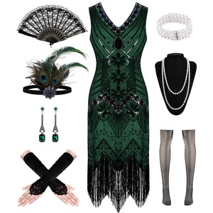 Robes des années 1920 pour femmes, <span class=keywords><strong>robe</strong></span> flapper, dentelle, éventail, plumes, bandeau, paillettes, perles, franges, accessoires des années <span class=keywords><strong>20</strong></span>, costume vintage mafia - Product Image 4