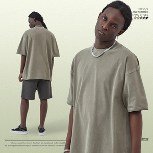 275g Heavy Wash Loose T-shirt High Street Batik Distressed Rolled Hem Short Sleeve T-shirt - Product Image 3