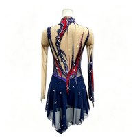 Costume de patinage artistique bleu marine et rouge, maille à manches longues, col montant, dos ouvert, robe ornée de strass pour enfants et filles, scène