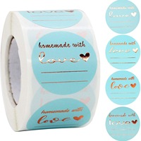 Autocollants ronds roses « Fait maison avec amour » avec dorure à chaud pour emballages, étiquettes pour petites entreprises, boulangeries, cadeaux, rouleau d'autocollants de scellage