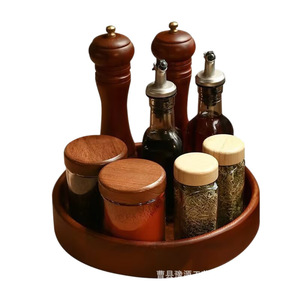 Étagère à épices rotative en bois de noyer avec couvercles en bois hermétiques pour pots à épices de cuisine, boîte de rangement pour sauce soja et vinaigre - Product Image 1