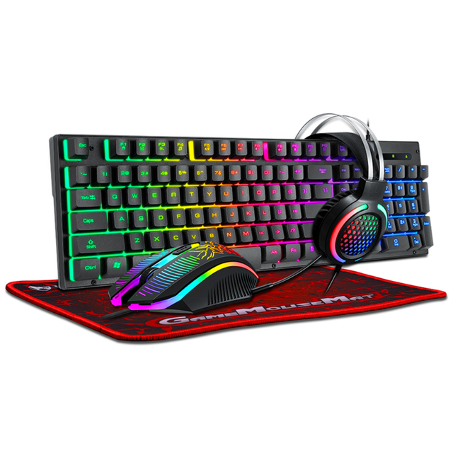 2.4G 4-in-1 Keyboard Mouse Headset Mousepad Combo RGB Backlight Gaming Set 1600 DPI Optical Mouse