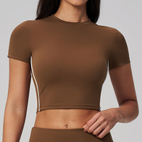T-shirt de yoga court pour femme, manches courtes, col rond, bande latérale contrastante, brossé, séchage rapide, été, Pilates, gym, entraînement, vêtements de sport