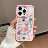 Coque de téléphone DIY en résine 3D pour iPhone 15 16 13 17 Pro Max, motif chat rose mignon, croix, fraise, nœud, chaîne argentée, antichoc