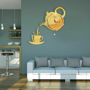 Horloge murale créative 3D en acrylique en forme de tasse à café et théière, horloge numérique DIY, autocollant mural, décoration pour cuisine, salon, salle à manger - Product Image 2
