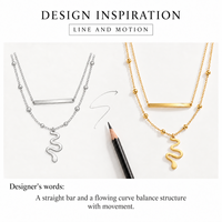 Collier superposé en acier inoxydable 304 plaqué or sous vide avec barre et pendentif abstrait ondulé