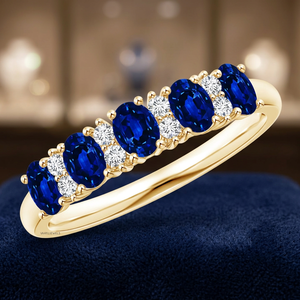 Bague de mariage demi-alliance de luxe ovale en saphir et saphir serti de griffes, alternant des pierres, pour femme, en or 10K 14K 18K et argent 925 935 - Product Image 1