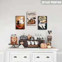 Linda Letrero Metálico de Gato Fantasma Negro y Calabaza, Decoración de Pared de Feliz Halloween para Puerta Principal, Adorno Rústico