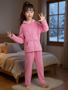 Te221r 2 Pijamas de lana para mujer con capucha y cremallera, conjunto de ropa de dormir informal de color liso, ropa de invierno de manga larga - Product Image 2