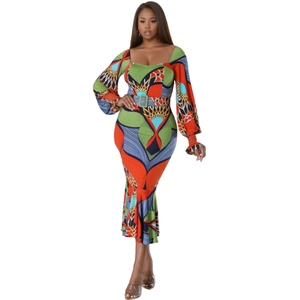 เดรสแฟชั่นผู้หญิงพิมพ์ลายดิจิทัล คอเหลี่ยม แขนยาว วัสดุใหม่ ขายส่ง - Product Image 1