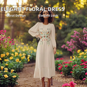 Robe longue bohème brodée florale à manches longues, coupe droite, col en V, taille empire, en polyester/coton, décontractée pour le printemps - Product Image 2