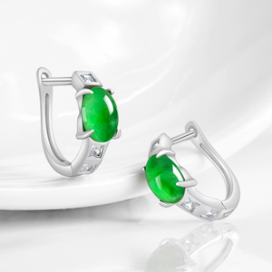 Natural genuine jade green egg-shaped ear <b>studs</b> in icy-grade stone. Set with S925 <b>silver</b>. Fashionable ladies' earrings - Product Image 3