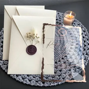 Custom Luxury Printed Invitation Card With Envelope Self Sealing Wax Seal Handmade Greeting Cards Acrylic Wedding Invitation