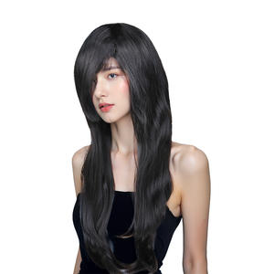 Longue perruque ondulée noire pour femmes perruque de cheveux synthétiques résistants à la chaleur à l'aspect naturel avec frange latérale fête Cosplay <span class=keywords><strong>coiffure</strong></span> de mode - Product Image 2